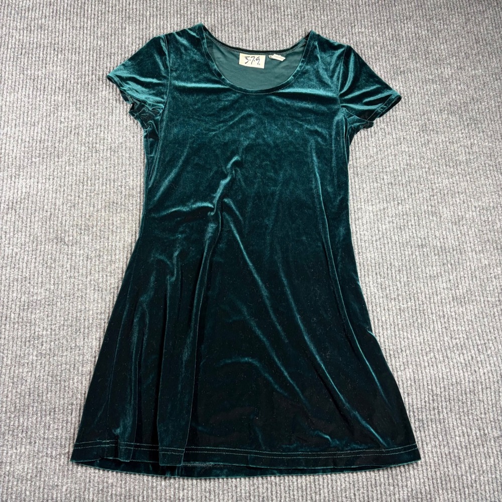 5.7.9 Vintage Dress Womens S Green‎ Velvet Short Sleeve Mini Fit Flare 90